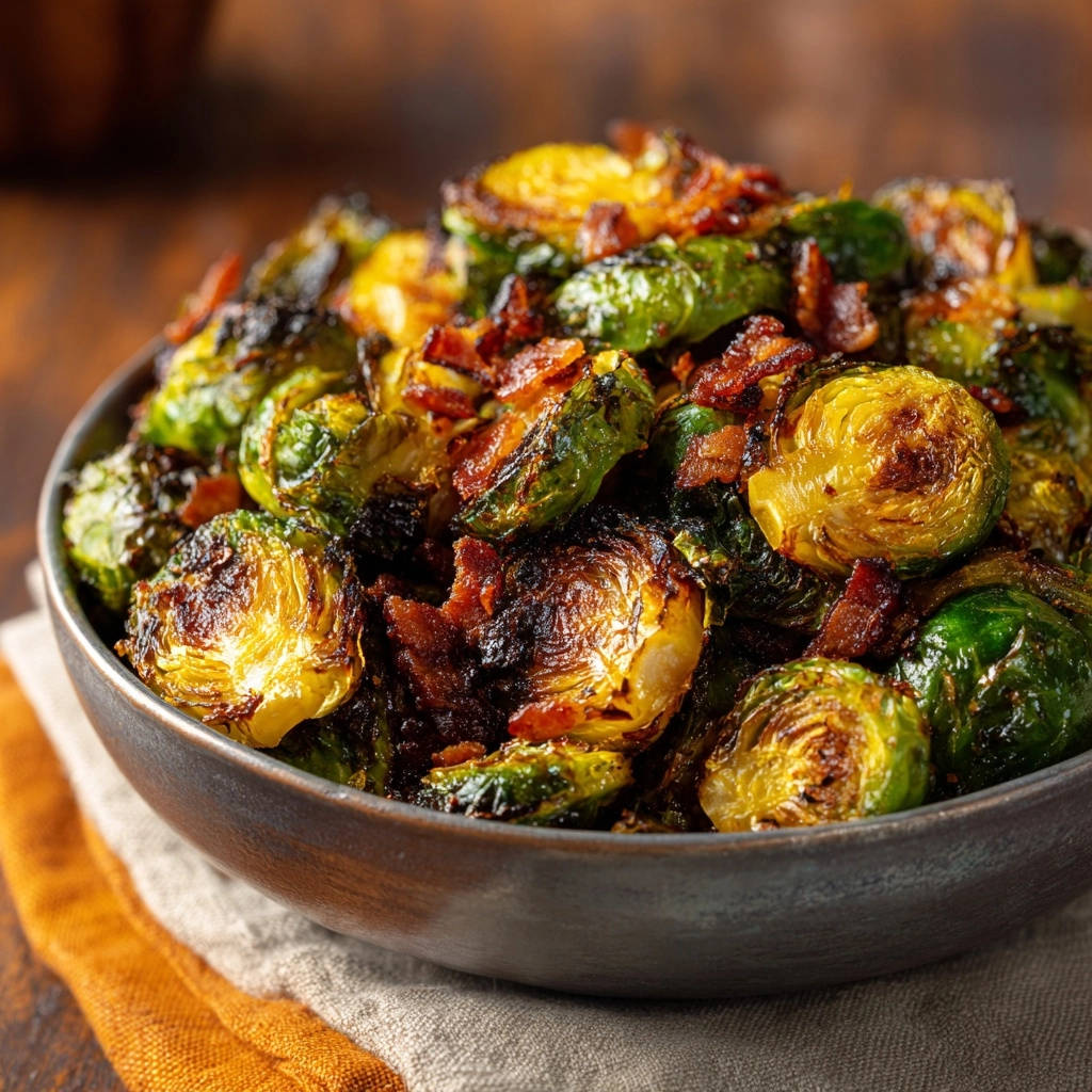Knuspriger Rosenkohl mit Speck, eine Nahaufnahme des perfekt gerösteten Gemüses mit Speckstücken in einer Schüssel.