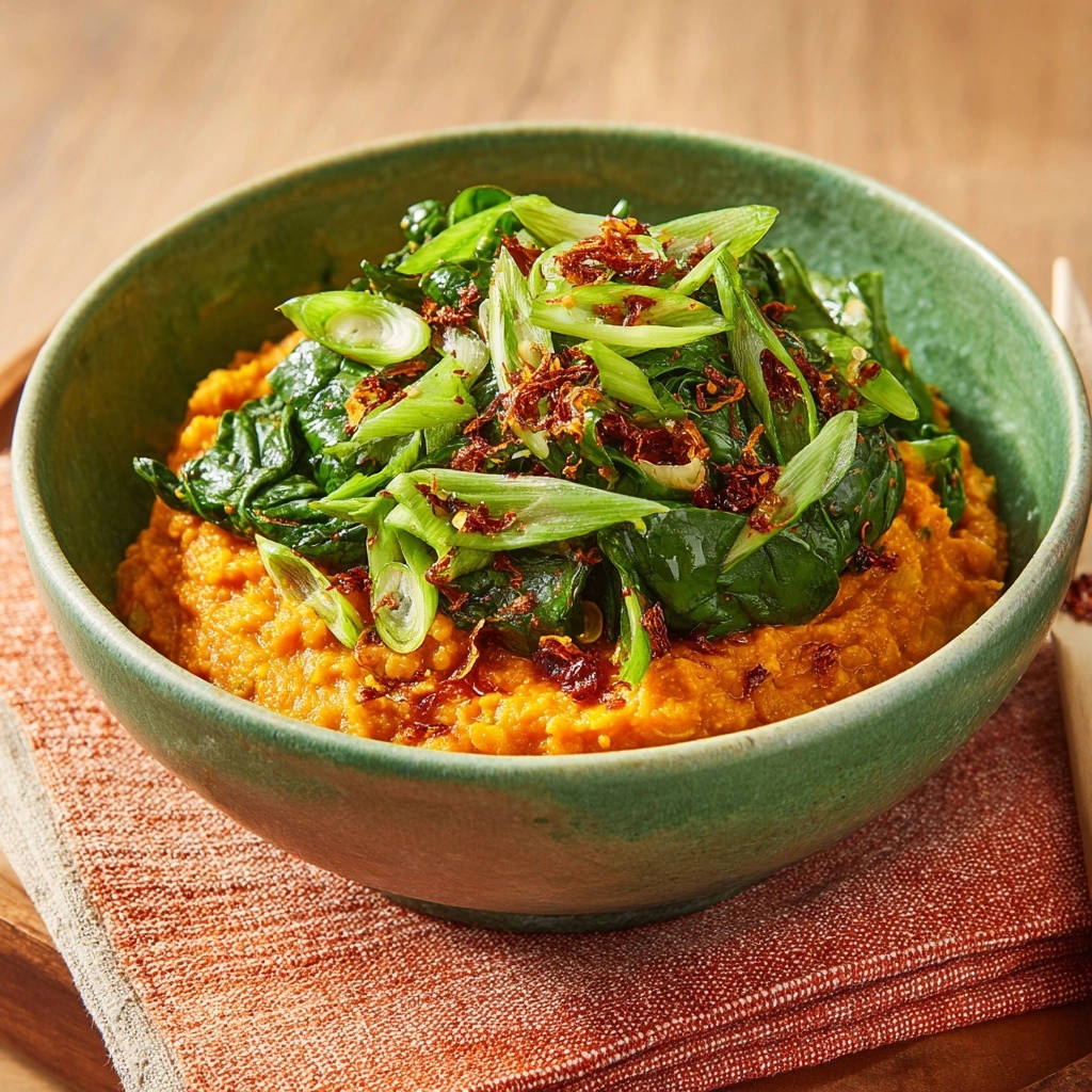 Cremiges Rotes Linsen-Dal mit Spinat, garniert mit Frühlingszwiebeln und Chili-Flocken, in einer grünen Schüssel serviert.