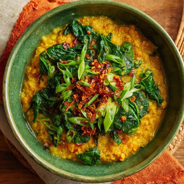 Cremiges Rotes Linsen-Dal mit Spinat, garniert mit Frühlingszwiebeln und Chili-Flocken, in einer grünen Schüssel.