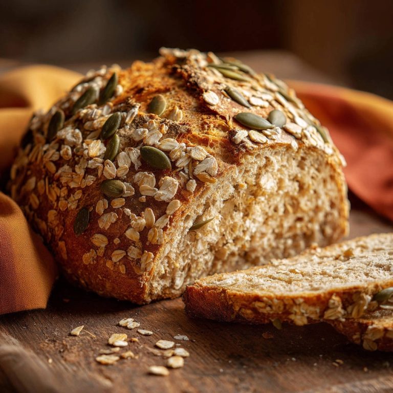 Rustikales Hafer-Kürbiskern-Brot angeschnitten mit sichtbarem Kern und Haferflocken-Kruste auf einem Holzbrett.