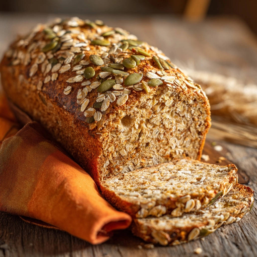Rustikales Hafer-Kürbiskern-Brot angeschnitten, zeigt die saftige Krume mit Haferflocken und Kürbiskernen.