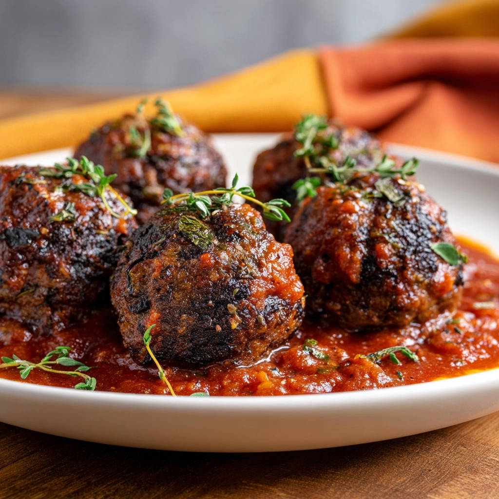 Saftige italienische Hackbällchen in aromatischer Tomatensoße, nahaufnahme mit frischen Kräutern garniert auf einem weißen Teller.