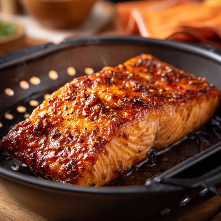 Saftiger Lachs mit Honig-Senf-Kruste als Nahaufnahme in einer Bratpfanne, leicht gedämpft.