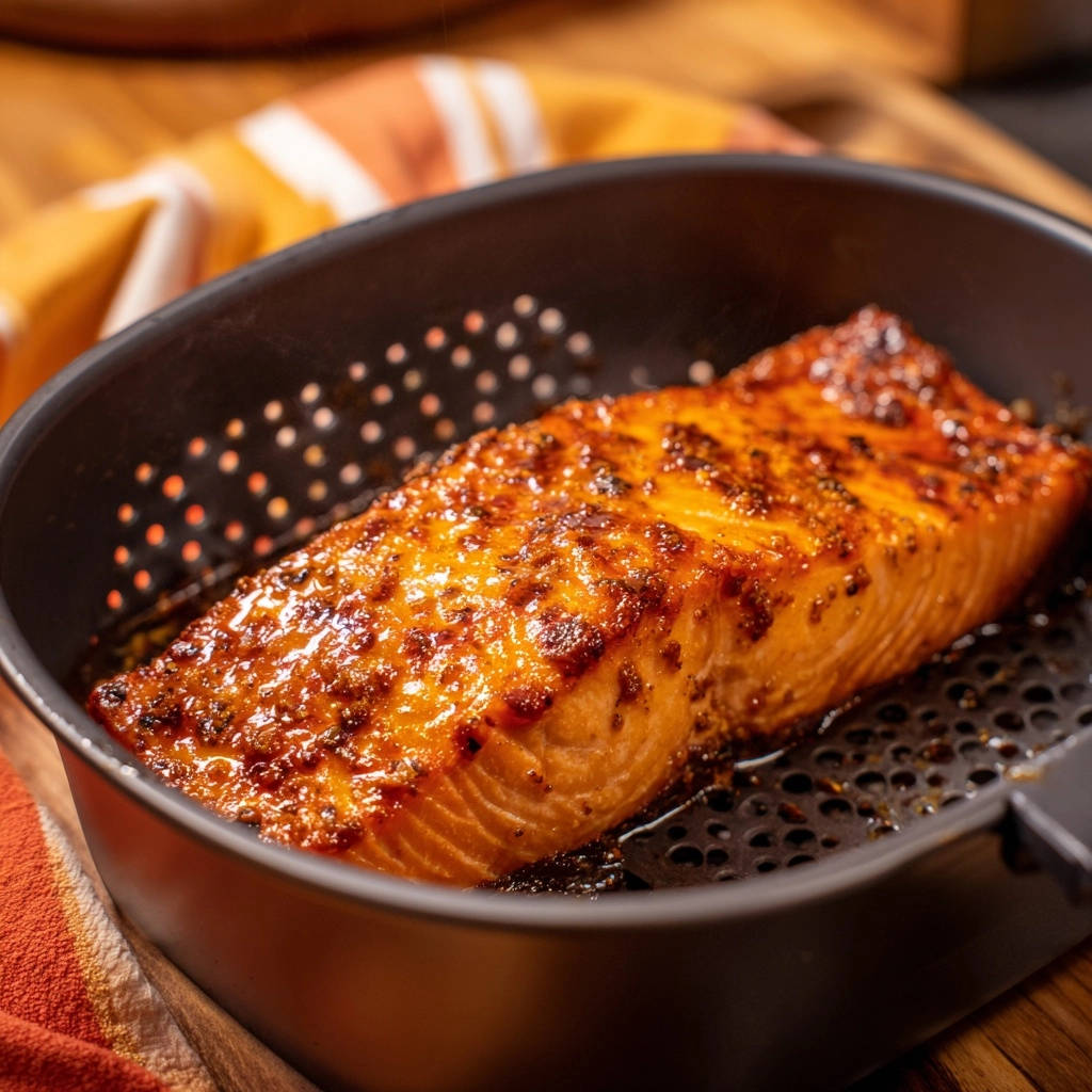 Saftiger Lachs mit Honig-Senf-Kruste in einem perforierten Rostkorb, Nahaufnahme der glasierten Oberfläche.