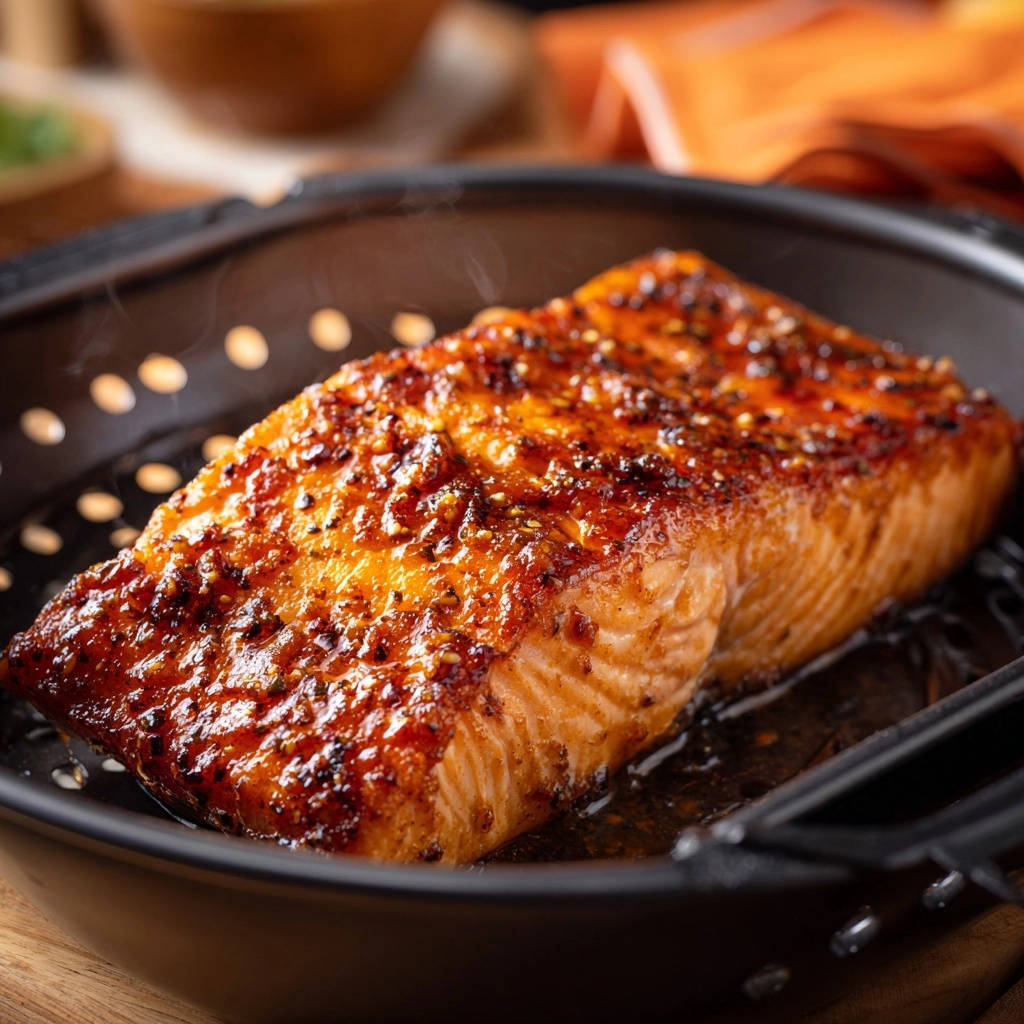 Saftiger Lachs mit Honig-Senf-Kruste als Nahaufnahme in einer Bratpfanne, leicht gedämpft.