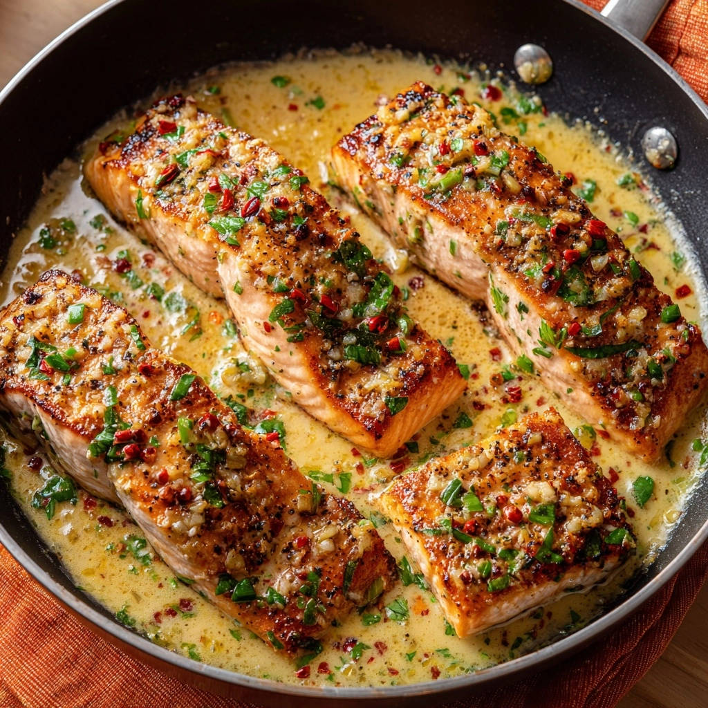 Saftiger Lachs mit Zitronen-Kapern-Soße in einer Pfanne serviert, mit knuspriger Kruste und frischen Kräutern garniert.