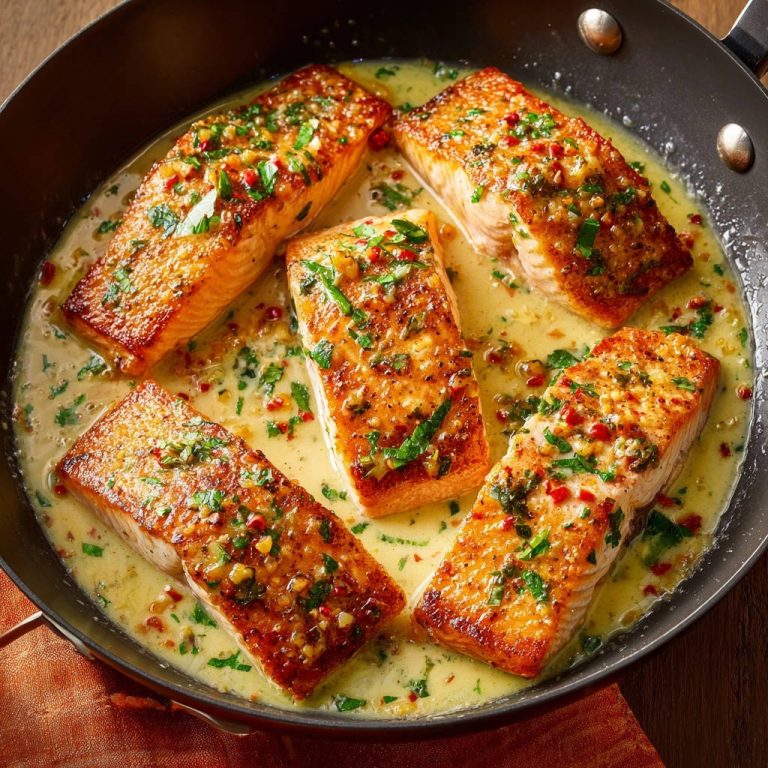 Saftiger Lachs mit Zitronen-Kapern-Soße in einer Pfanne, nahaufnahme der braunen Lachsfilets in der cremigen Soße.