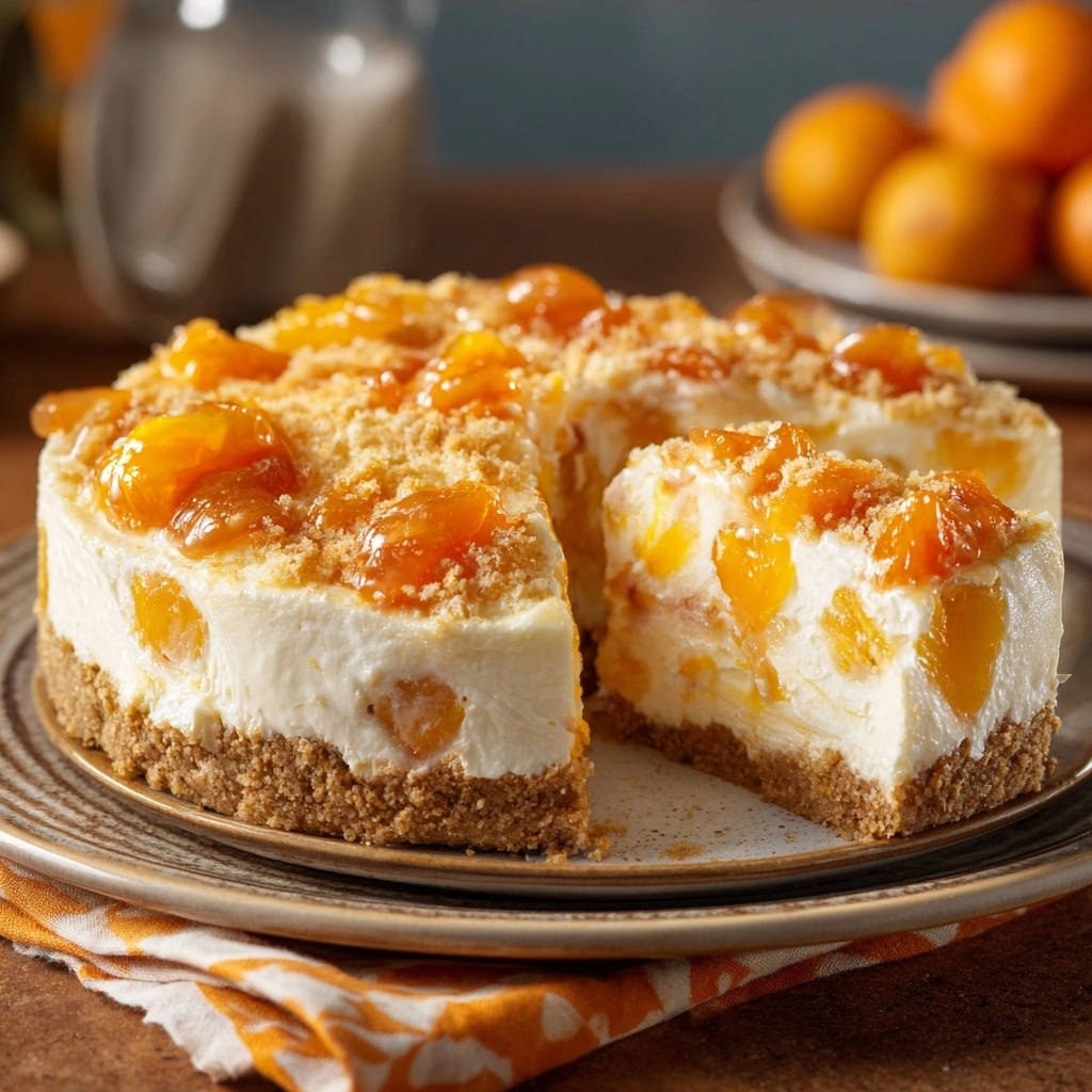 Saftiger Pfirsich-Cheesecake ohne Backen angeschnitten, mit einer detaillierten Ansicht des cremigen Inneren und saftigen Pfirsichstücken.