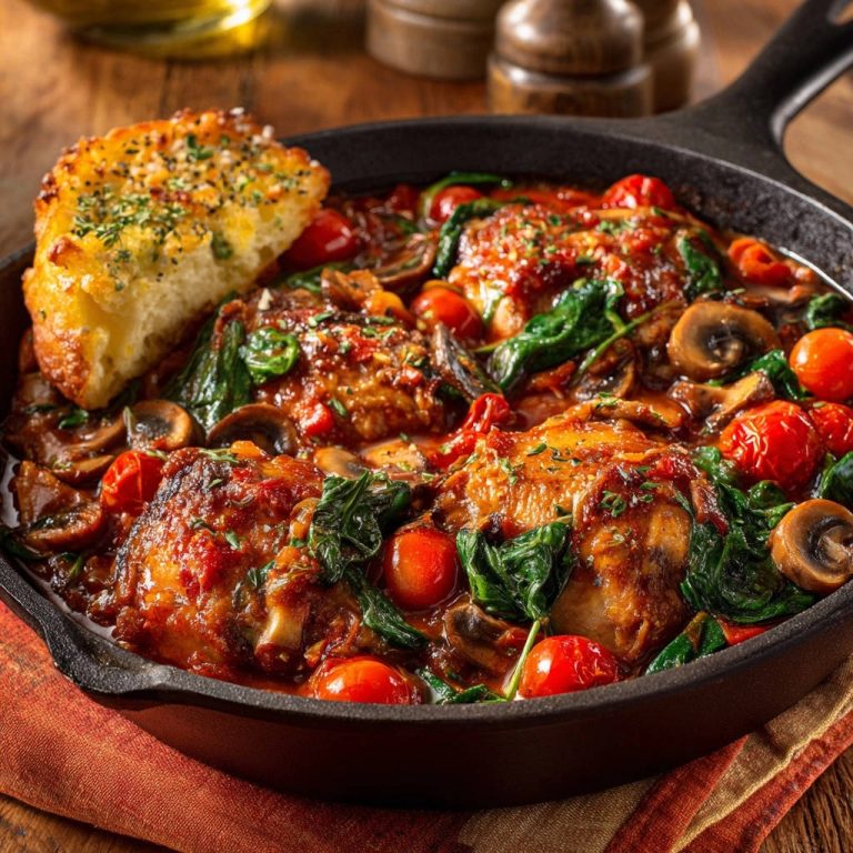 Saftiges Hähnchen aus der Pfanne, serviert in einer Gusseisenpfanne mit garniertem Brot und Gemüse.