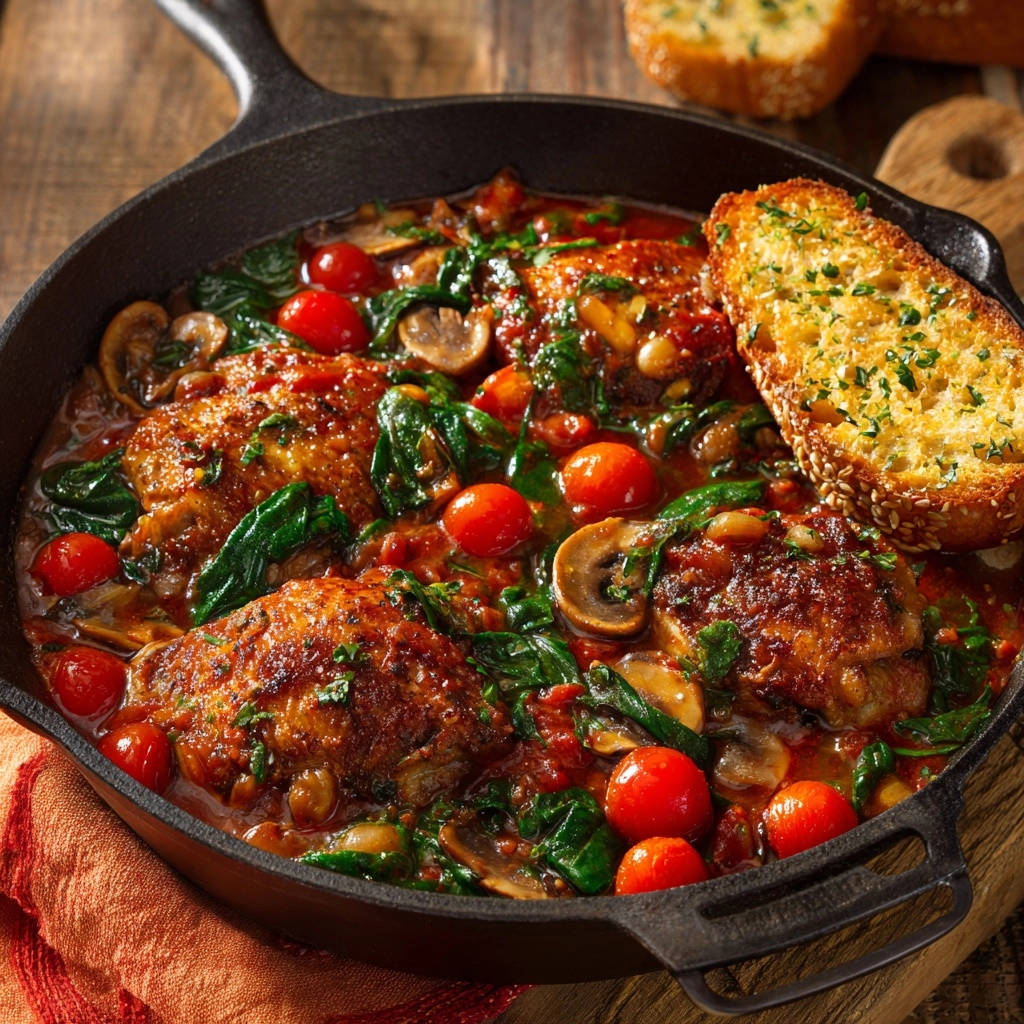 Saftiges Hähnchen aus der Pfanne mit Kirschtomaten und Pilzen, serviert mit Knoblauchbrot aus der Pfanne.