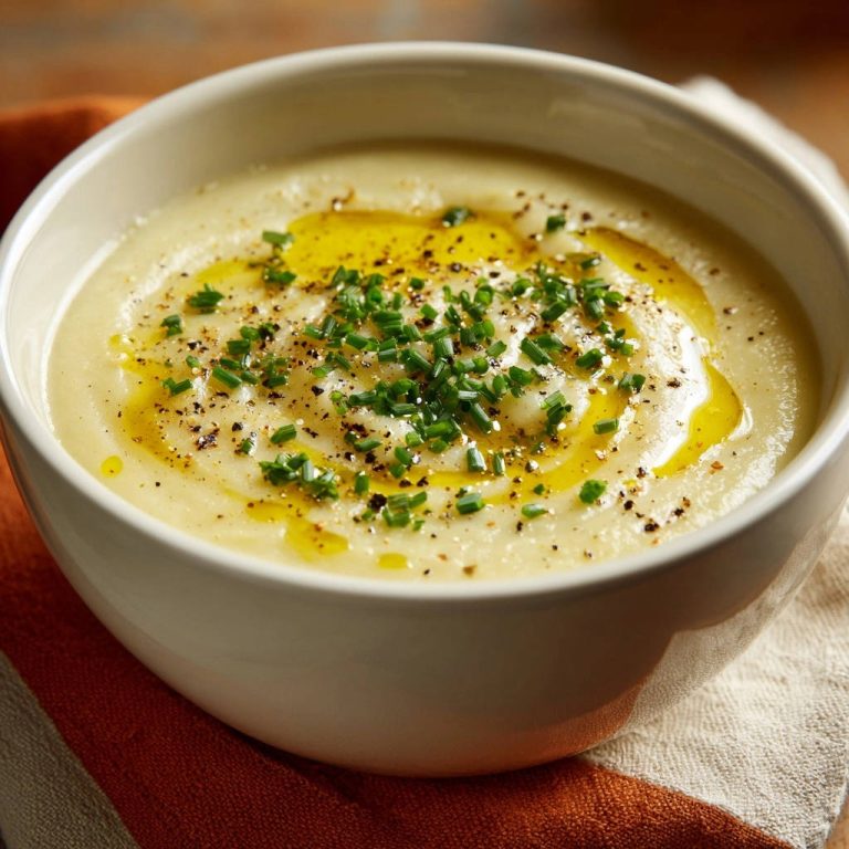 Samtige Kartoffelcremesuppe garniert mit frischen Kräutern, schwarzem Pfeffer und einem Schuss Olivenöl in einer weißen Schüssel.