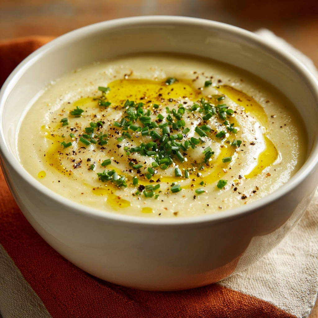 Samtige Kartoffelcremesuppe garniert mit frischen Kräutern, schwarzem Pfeffer und einem Schuss Olivenöl in einer weißen Schüssel.