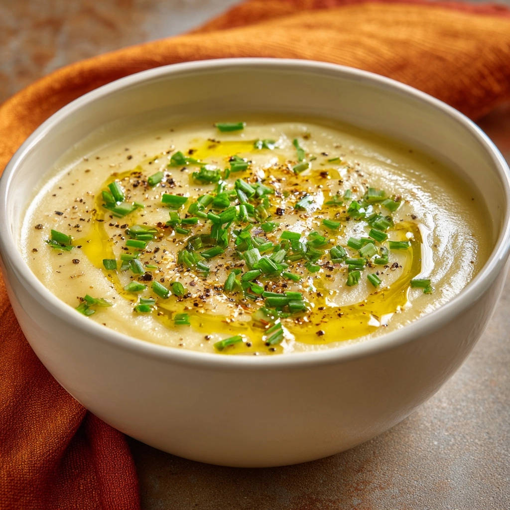 Samtige Kartoffelcremesuppe garniert mit frischem Schnittlauch, grobem Pfeffer und einem Schuss Olivenöl in einer weißen Schüssel.
