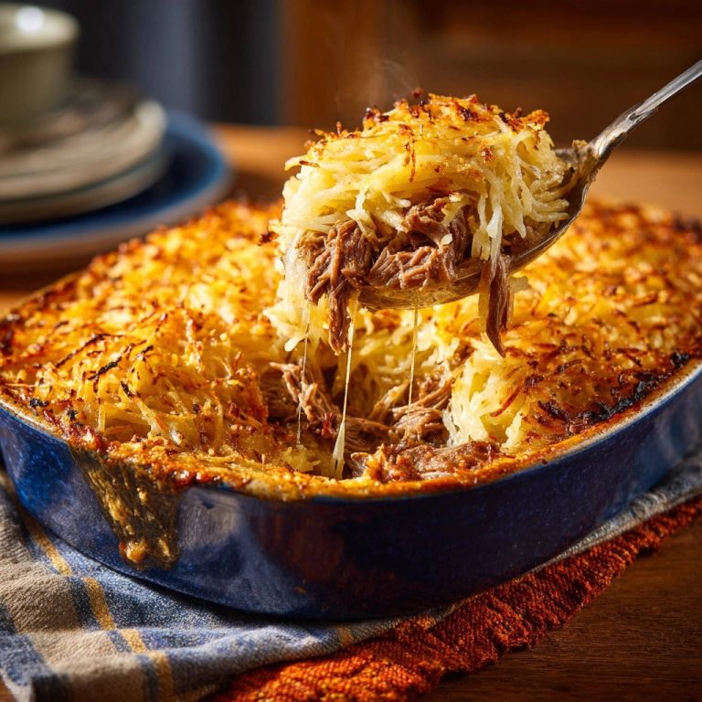 Deftiger Schichtbraten-Gratin mit knuspriger Kartoffelkruste, eine Portion wird mit Käse serviert.