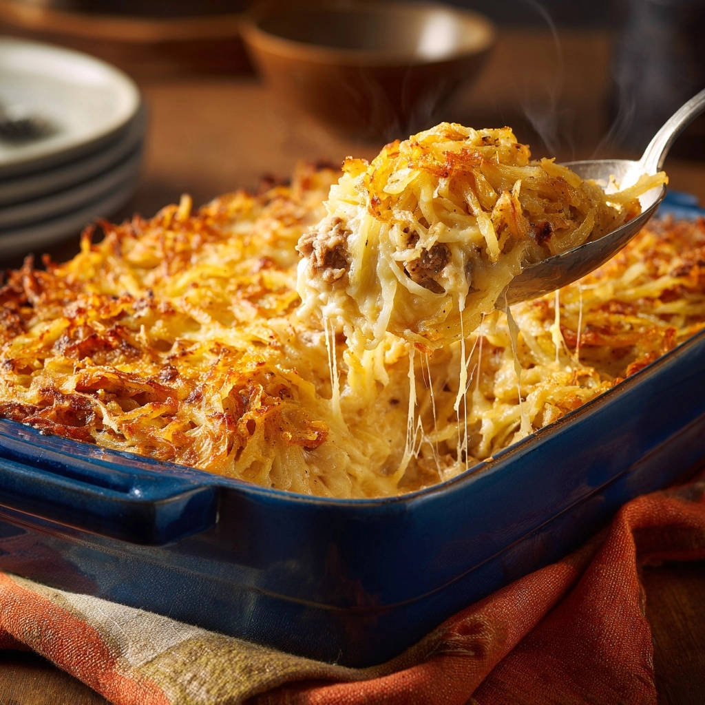 Deftiger Schichtbraten-Gratin mit knuspriger Kartoffelkruste, eine Portion wird mit einem Löffel herausgehoben