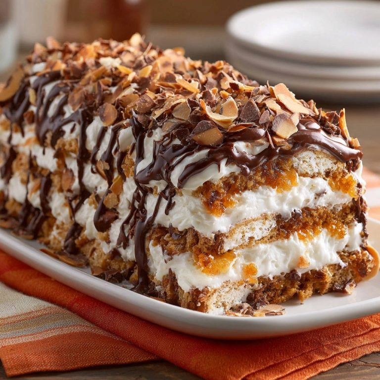 Köstlicher Schichtkuchen ohne Backen angeschnitten, der die saftigen Keksschichten und die cremige Füllung zeigt.