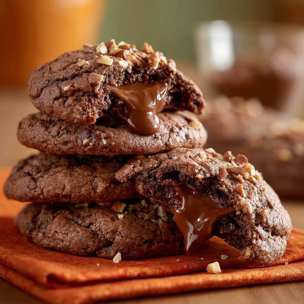 Schmelzende Schoko-Nuss-Cookies mit ihrem unwiderstehlichen Schmelzkern, angeschnitten und mit Nüssen garniert.