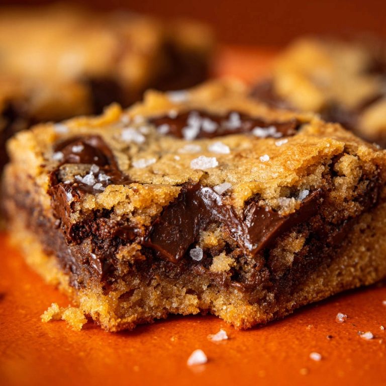 Unsere Saftigsten Schoko-Meersalz Blondies im Nahaufnahme-Querschnitt mit geschmolzener Schokolade und Meersalzflocken.