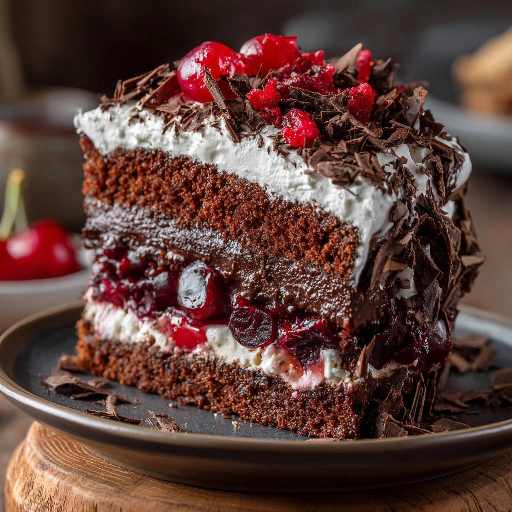 Saftige Schwarzwälder Kirschtorte angeschnitten, mit Sahne, Schokolade und Kirschen als detaillierter Blick auf das Innere