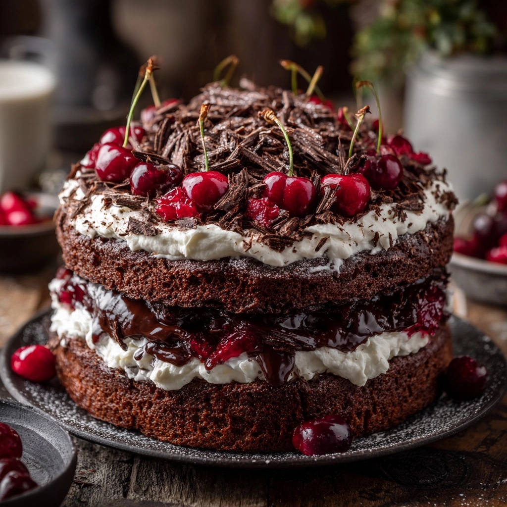 Saftige Schwarzwälder Kirschtorte mit Kirschen und Schokostreuseln garniert, Nahaufnahme der Schichtentorte.