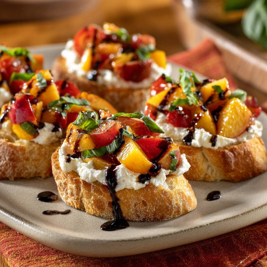 Sommerliche Pfirsich-Tomaten Bruschetta mit cremigem Käse und Balsamico-Glasur, nahaufnahme der Garnitur.