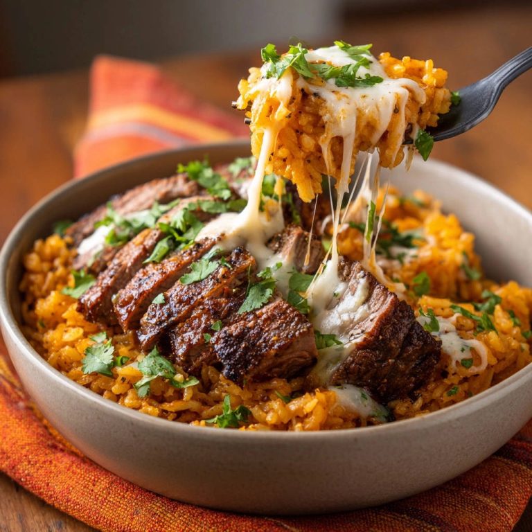 Herzhaftes Steak mit Tex-Mex Reis und Käse, mit geschmolzenem Käse von der Gabel gezogen.
