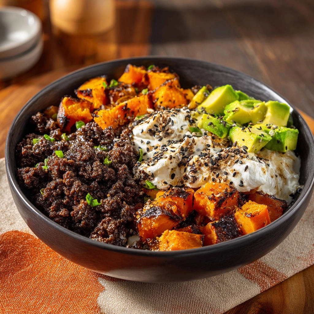 Süßkartoffel-Hackfleisch-Bowl mit Avocado, nahaufnahme der Textur und Garnitur mit schwarzen Sesamkörnern