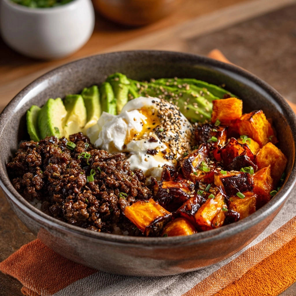 Süßkartoffel-Hackfleisch-Bowl mit Avocado, garniert mit Frühlingszwiebeln und Sesam, im Detail gezeigt.
