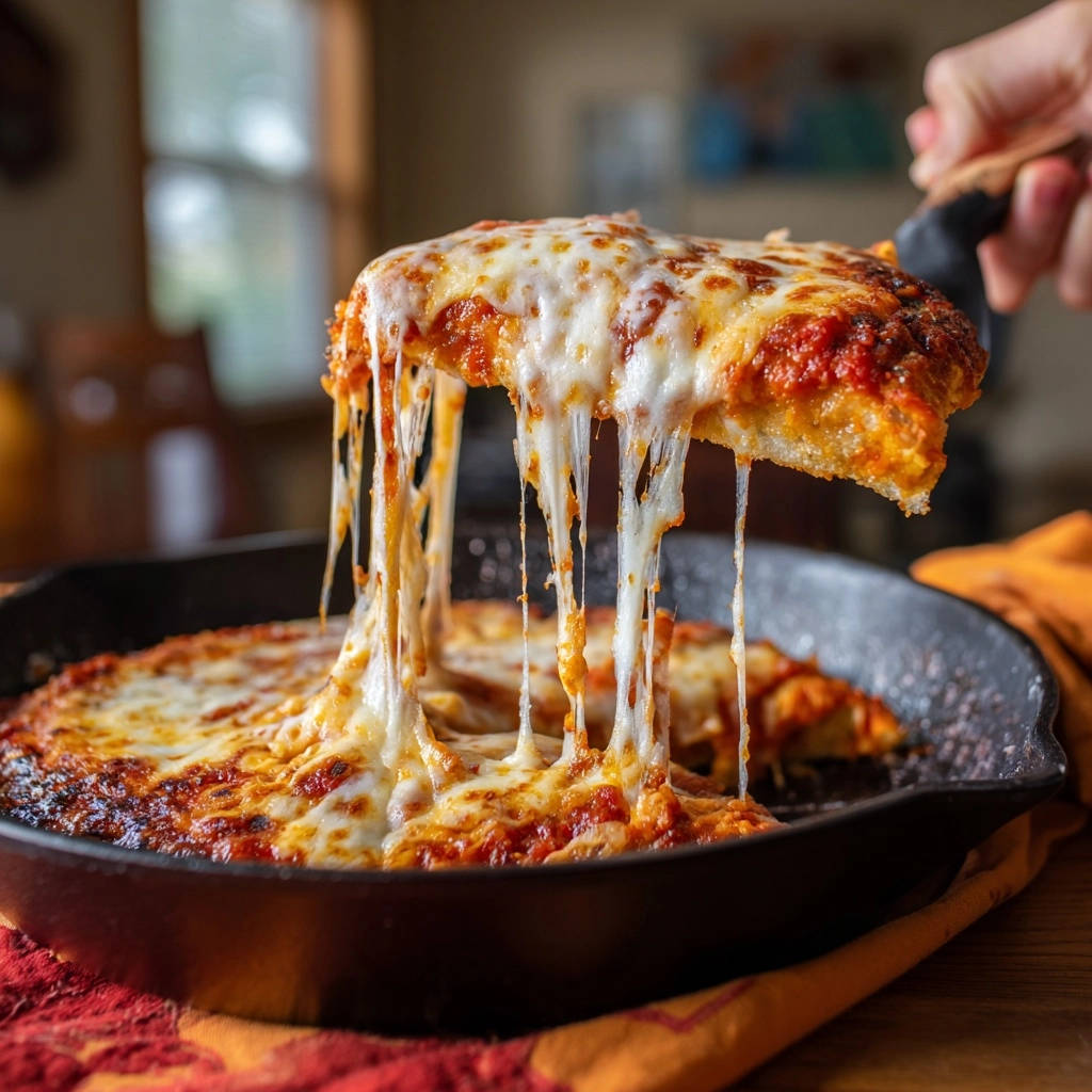 Super-Käse-Pfannenpizza mit langen Käsefäden, die beim Herausschneiden einer Scheibe aus der Pfanne gezogen werden.