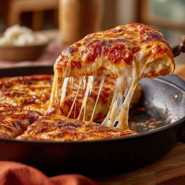 Super-Käse-Pfannenpizza angeschnitten, zeigt den extremen Käse, der von einem Stück herunterzieht
