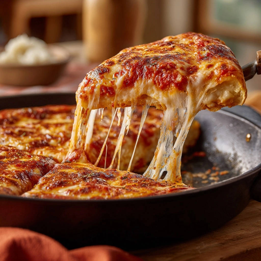 Super-Käse-Pfannenpizza angeschnitten, zeigt den extremen Käse, der von einem Stück herunterzieht