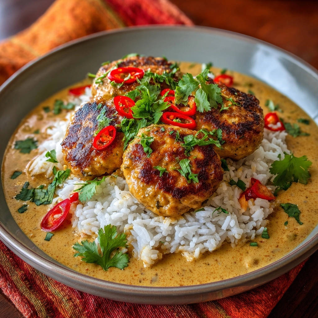 Saftige Thai-Curry-Hackbällchen mit Reis, serviert in einer Schüssel und garniert mit frischen Kräutern und Chilis.