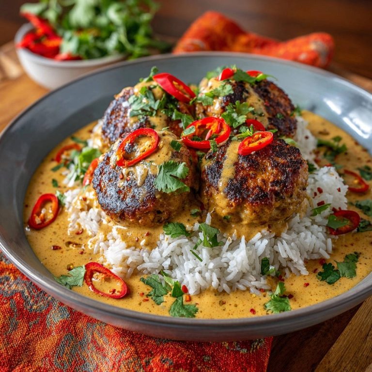 Saftige Thai-Curry-Hackbällchen mit Reis, serviert in einer Schüssel und garniert mit Chilis und Koriander.