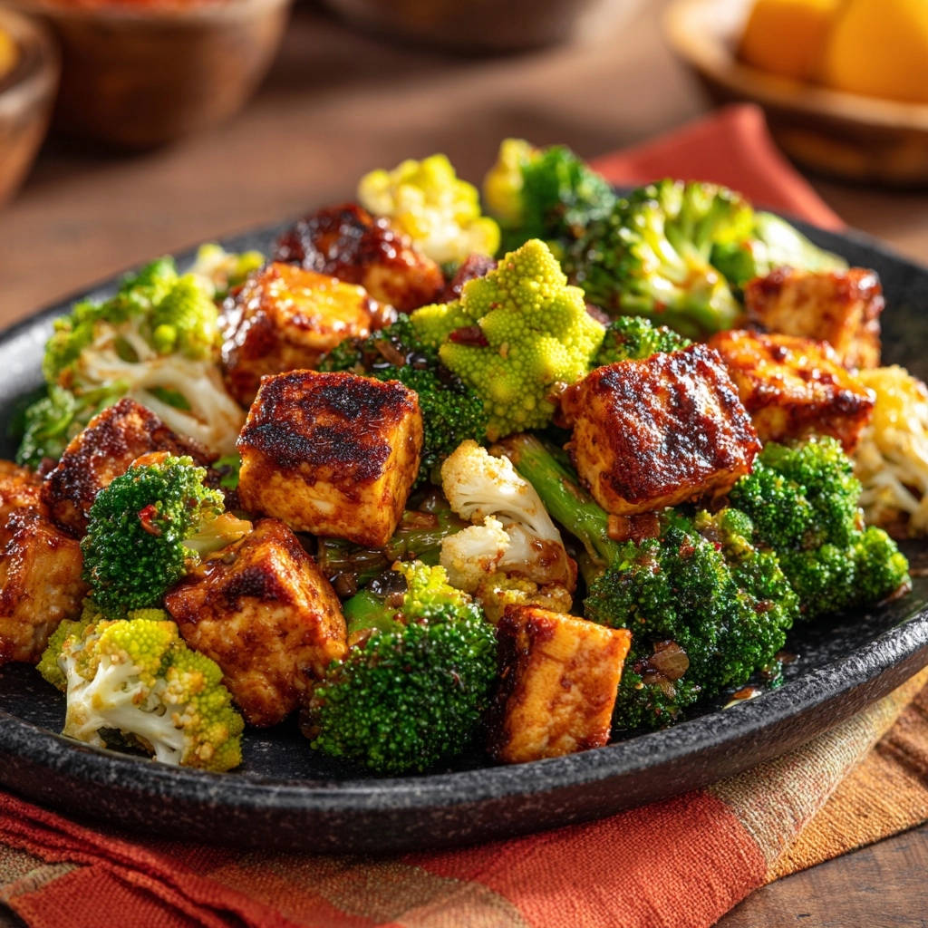Tofu-Gemüse-Pfanne Asiatische Art mit knusprigen Tofuwürfeln und knackigem Brokkoli, detailreiche Nahaufnahme des Gerichts.