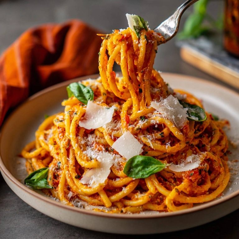 Cremige Tomaten-Bucatini mit Basilikum, detailnah mit einer Gabel herausgehoben und mit Parmesanspänen garniert.