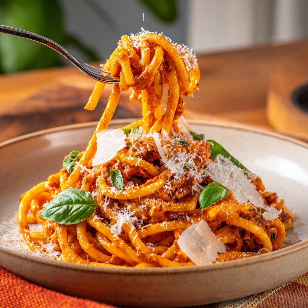 Cremige Tomaten-Bucatini mit Basilikum, mit einer Gabel hochgehoben und mit Parmesan bestreut, zeigen die Textur der Nudeln und Soße.