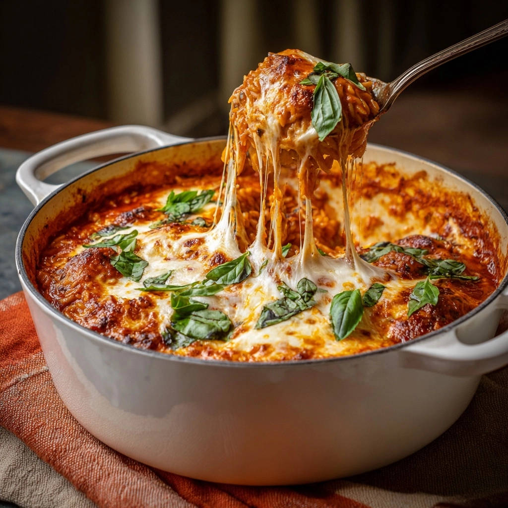 Überbackene One-Pot Hackfleisch-Orzo-Pfanne mit viel geschmolzenem Käse, der von einem Löffel gezogen wird.