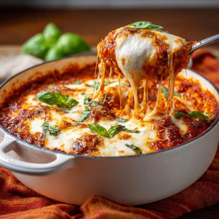 Überbackene One-Pot Hackfleisch-Orzo-Pfanne mit geschmolzenem Käse, der beim Servieren gezogen wird, garniert mit Basilikum.