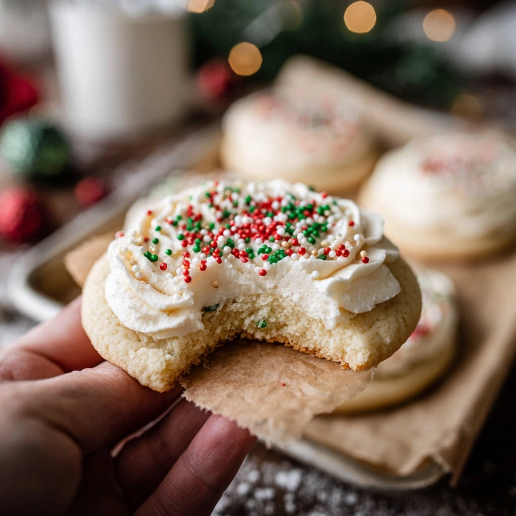 Weihnachts-Zuckerkekse mit Vanille-Frosting, hier im Anschnitt gezeigt, mit roten und grünen Streuseln dekoriert.