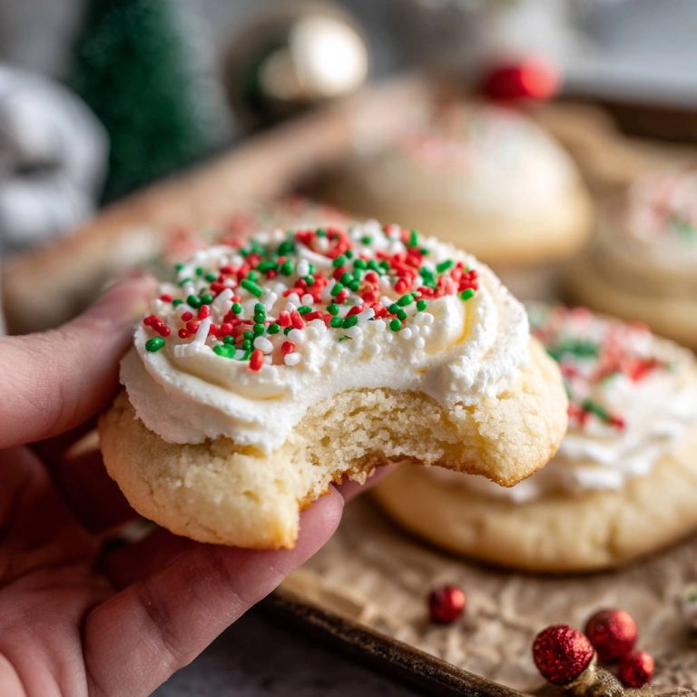 Weihnachts-Zuckerkekse mit Vanille-Frosting, eine Hand hält einen angeschnittenen Keks mit bunten Streuseln.