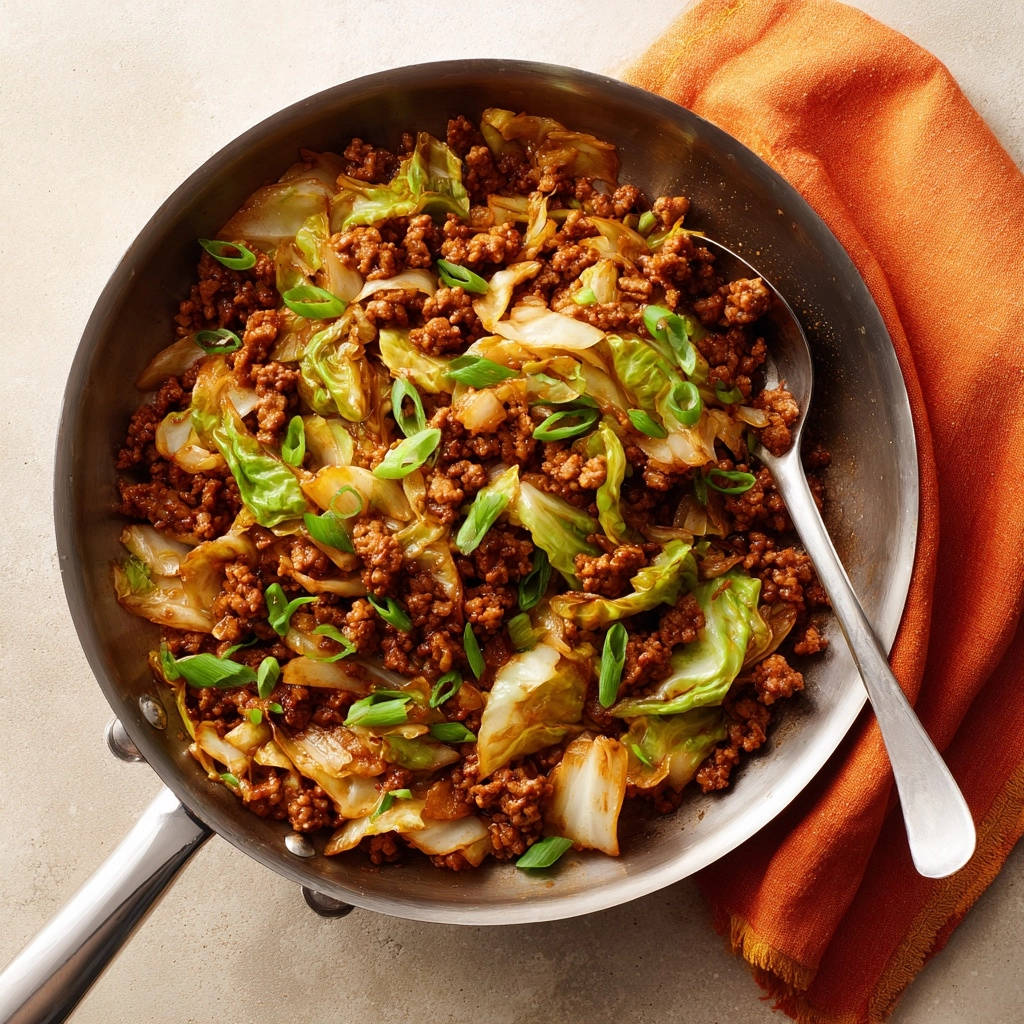 Würzige Hackfleischpfanne mit Kohl, von oben in einer Pfanne mit Löffel serviert und mit Frühlingszwiebeln garniert.