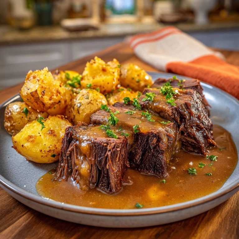 Zarter Rinderschmorbraten mit Knusperkartoffeln, serviert auf einem Teller mit reichlich Sauce und garniert mit Petersilie.