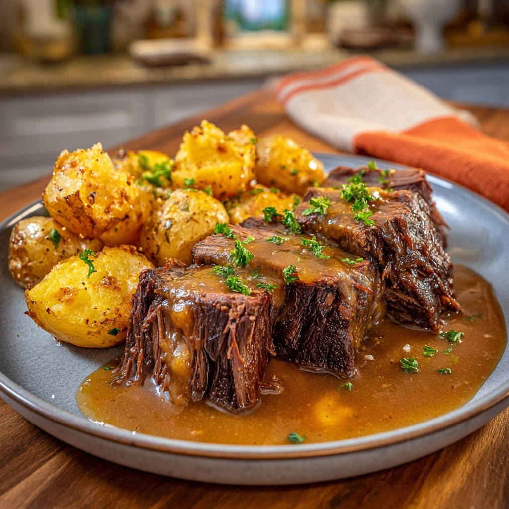 Zarter Rinderschmorbraten mit Knusperkartoffeln, serviert auf einem Teller mit reichlich Sauce und garniert mit Petersilie.