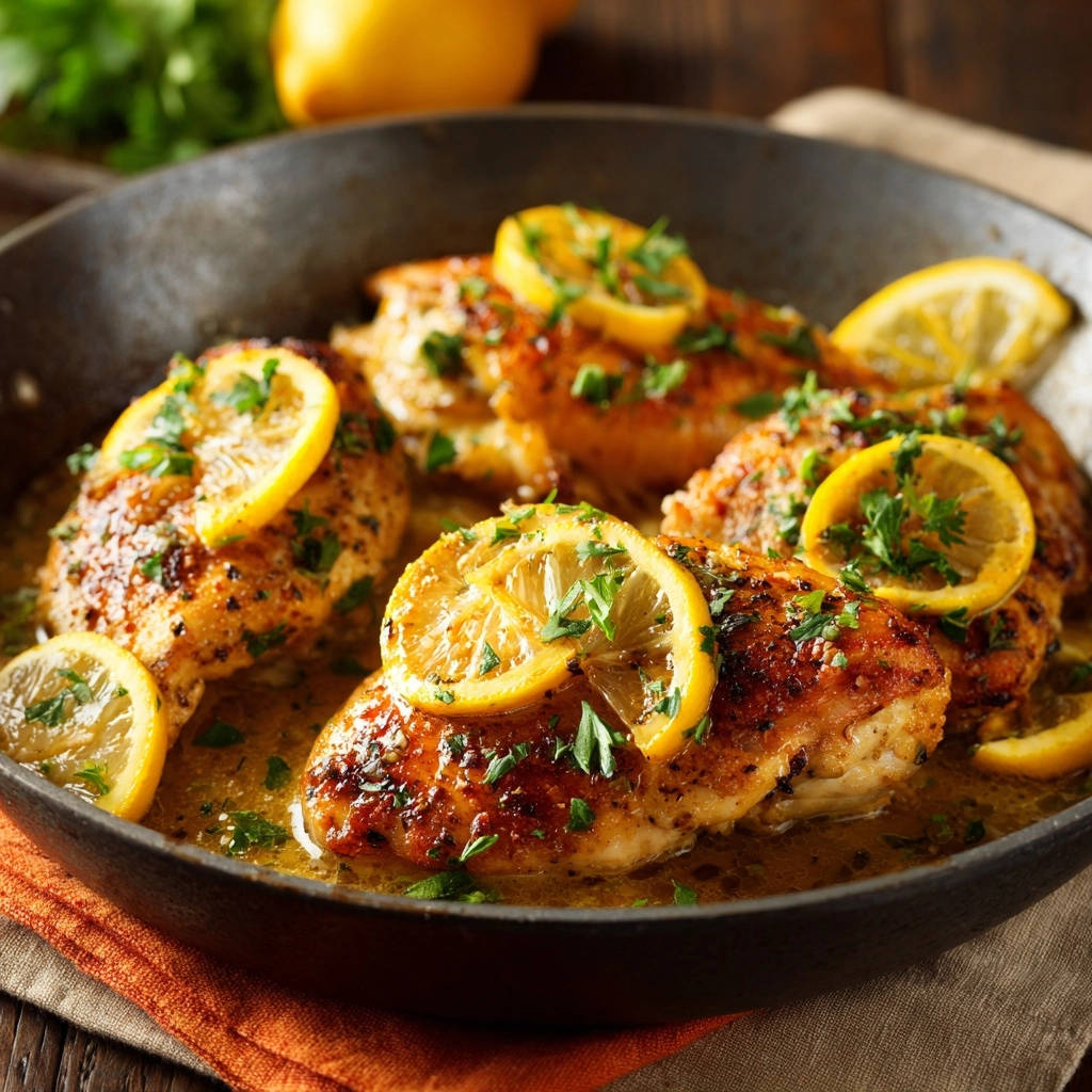 Zitronen-Kräuter-Hähnchenpfanne mit saftigen Hähnchenbruststücken, garniert mit frischer Zitrone und Petersilie.