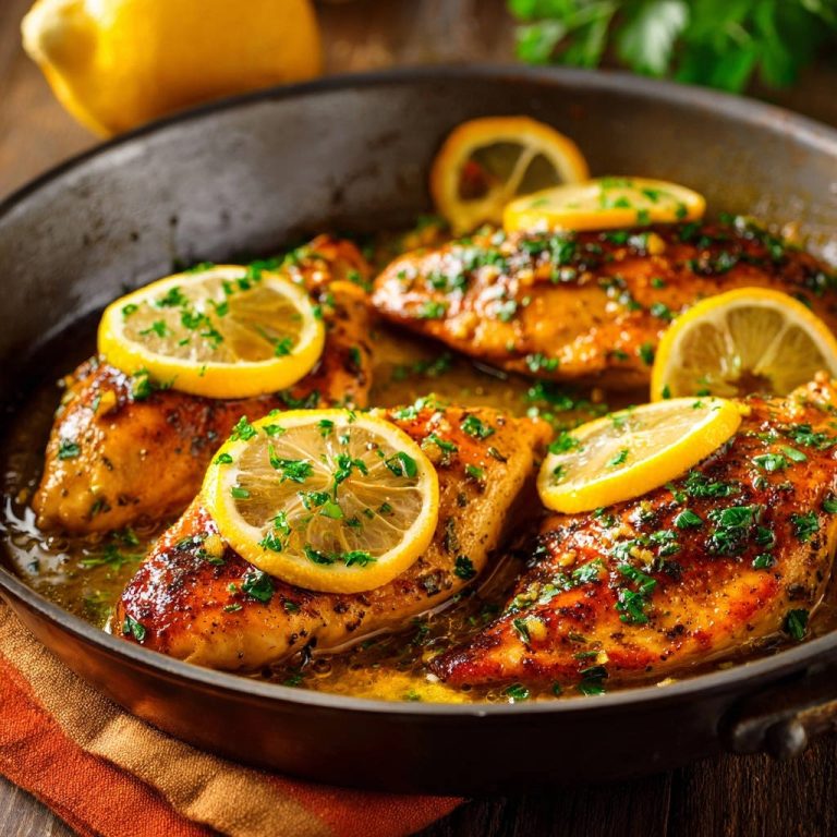 Zitronen-Kräuter-Hähnchenpfanne saftig in der Pfanne mit Zitronenscheiben und Kräutern garniert serviert