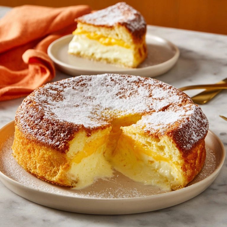 Zitronen-Traumkuchen mit Vanillecreme angeschnitten, zeigt saftige Füllung und Puderzuckerbestäubung.