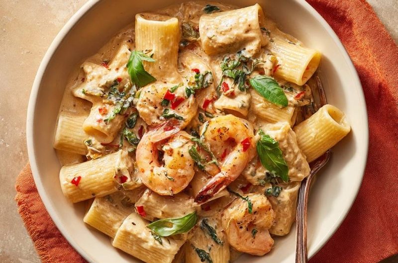 Cremige Garnelen-Rigatoni mit Spinat & Paprika