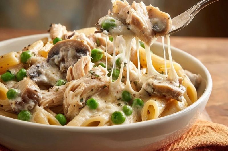 Cremige Penne mit Hähnchen, Pilzen und Erbsen