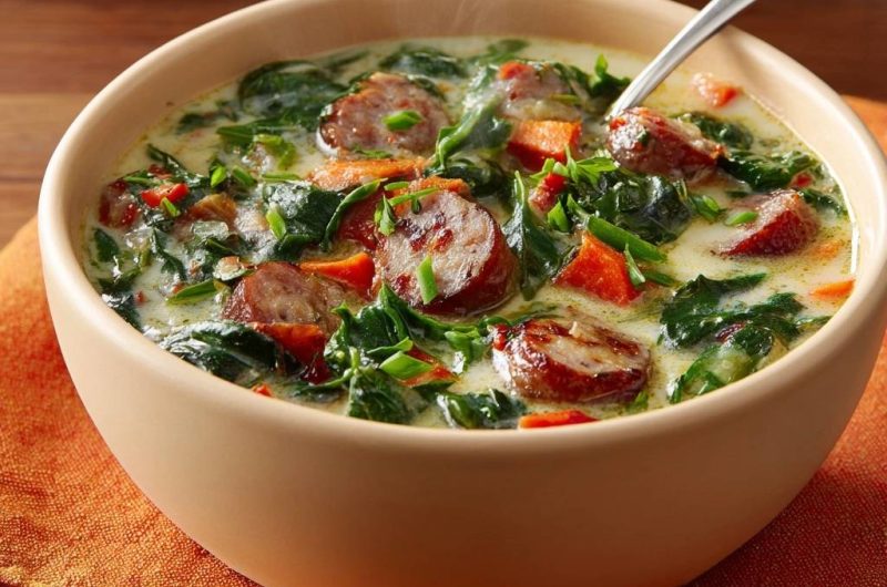 Cremige Spinat-Süßkartoffel-Wurst-Suppe