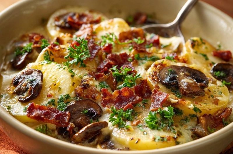 Cremiger Kartoffel-Pilz-Auflauf mit knusprigem Speck